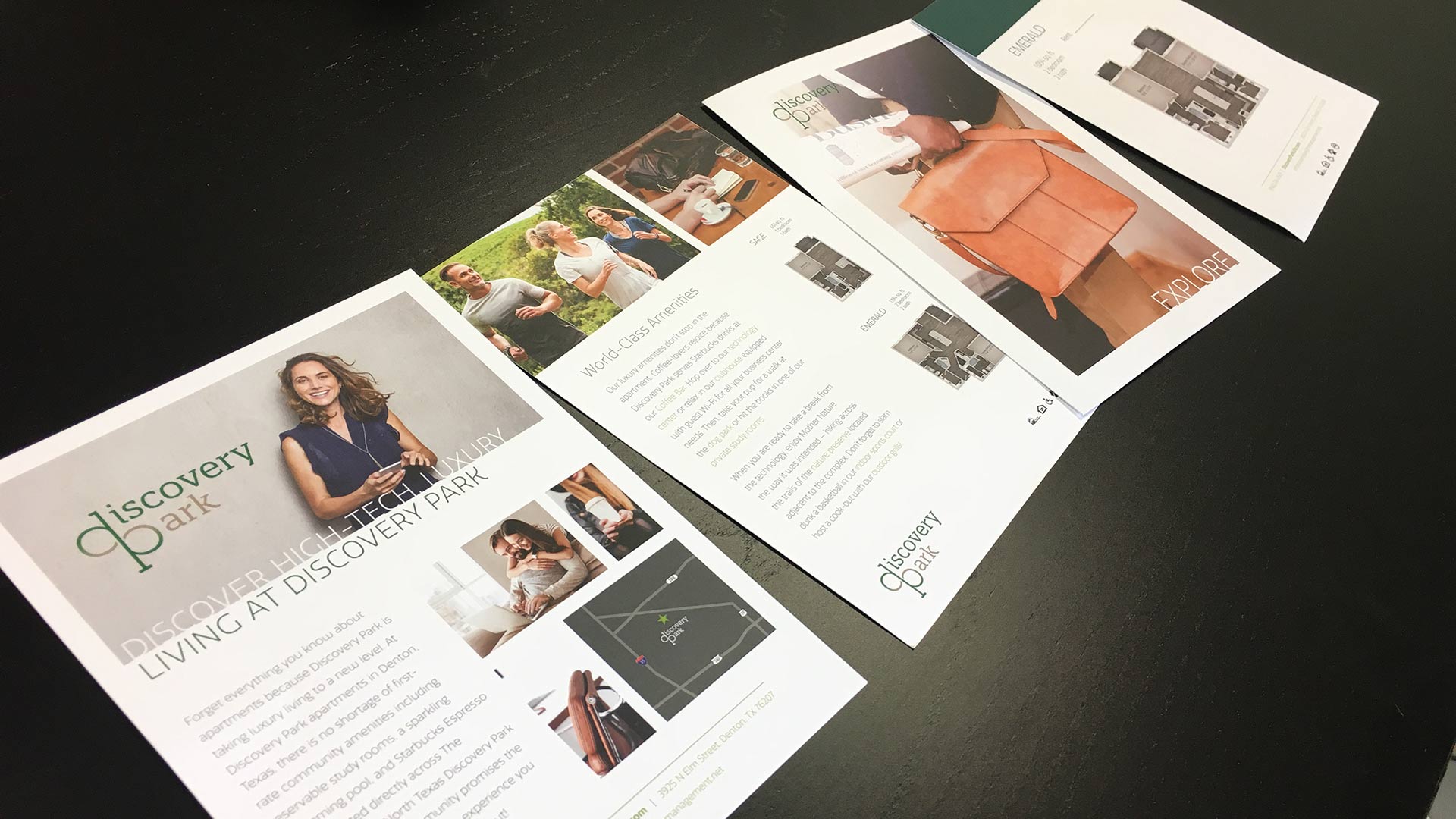 A mock-up image to showcase the Discovery Park swag and multifamily branding that our multifamily marketing agency designed and executed for the client.